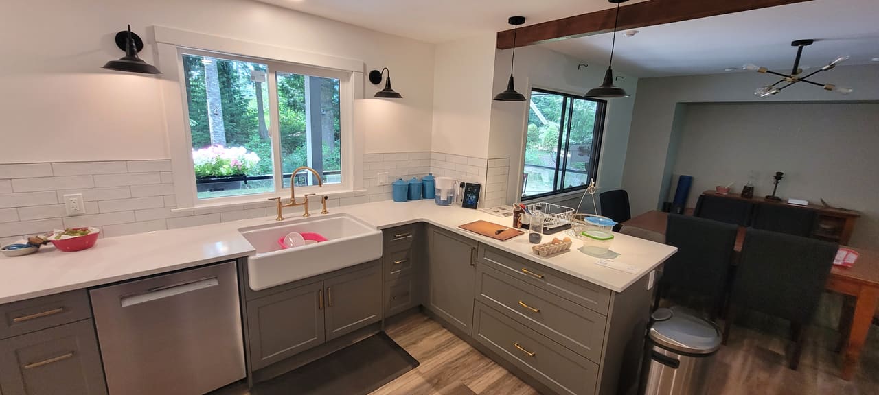 Finished Sooke kitchen renovation with farmhouse sink