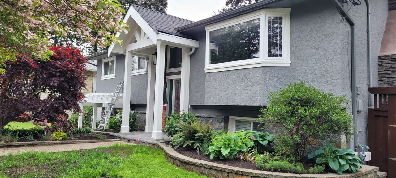 Finished timber-frame gable home exterior